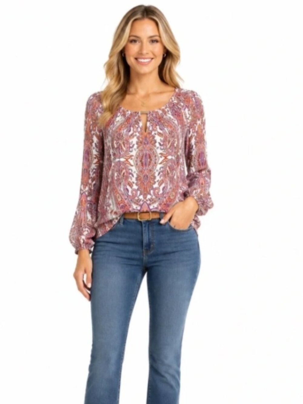 Like New! White House Black Market White Long Sleeve Paisley Peasant Blouse S